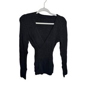Cupshe Black‎ Ribbed Knit Wrap Top V Neck Long Sleeve Sweater